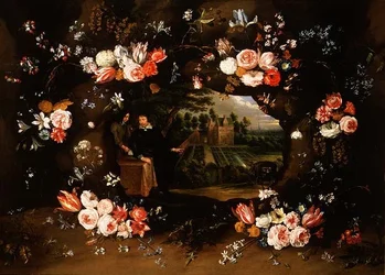 Guirnalda de flores rodeando un medallón que representa a Nicolas de Man frente a su propiedad en Amberes, 1653