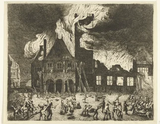 El antiguo Ayuntamiento de Ámsterdam en llamas