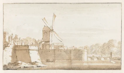 Vista del molino de Rembrandt, las murallas cerca del Morspoort y el bastión del Pelícano