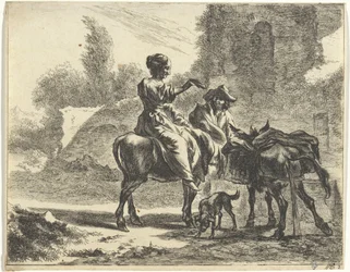 Pastores y burros en un abrevadero
Paisajes con pastores y ganado (título de la serie)