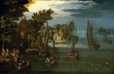 La animada orilla de un río, con barcos holandeses y pasajeros subiendo a un barco lanzadera para la travesía