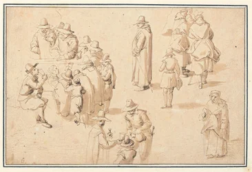 Una fuente en Spa con estudios de figuras elegantes tomando las aguas y de dos monjes y un sacerdote
