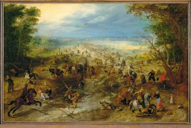 Bandidos atacando un convoy de carros tirados por caballos (óleo sobre madera de roble)