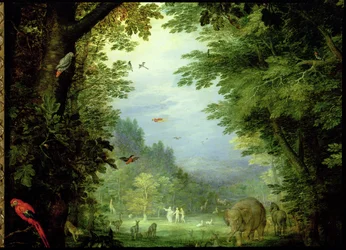 La Tierra o el Paraíso terrenal, detalle de Adán y Eva con Dios y otros animales, 1607-08, detalle de 93899
