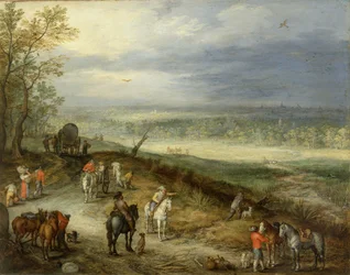Paisaje extenso con viajeros en un camino rural, c.1608-10 (óleo sobre cobre)