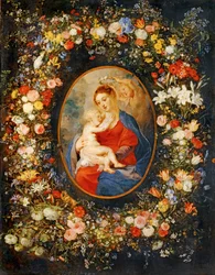 La Virgen, el niño Jesús y ángeles en medio de una guirnalda de flores. Medallón de Rubens ...