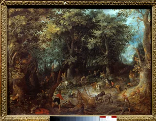 Paisaje en el bosque, los leñadores