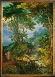 Paisaje de montaña con la tentación de Cristo (pintura sobre madera de roble)