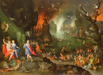 Orfeo con un arpa tocando para Plutón y Perséfone en el inframundo