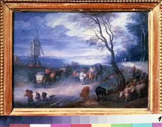 ""Paysage au moulin"" (Paisaje con un molino de viento) Pintura de Jan Brueghel I (Jean Breughel, Bruegel o Breugel) conocida como De Velours (l