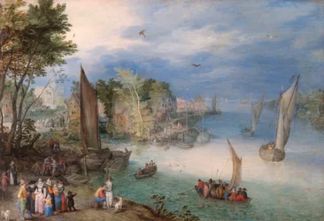 Escena fluvial con barcos y figuras