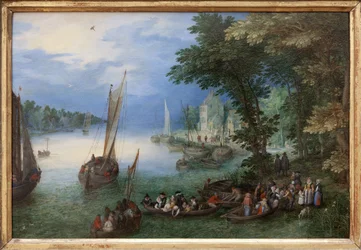 Escena fluvial o el barkage, Óleo sobre cobre de Jan Brueghel, dit Brueghel de Velours (1568-1625), hacia 1605. Dimensiones: 24 x 36 cm. Fotografía, KIM Youngtae, Nantes, Musee des Beaux Arts de Nantes.