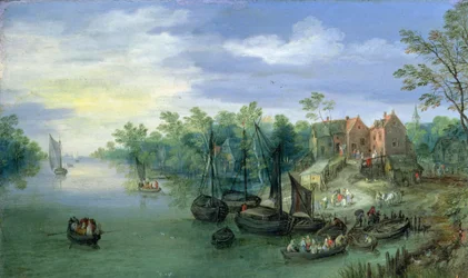 Embarcaciones fluviales cerca de un embarcadero, 1597
