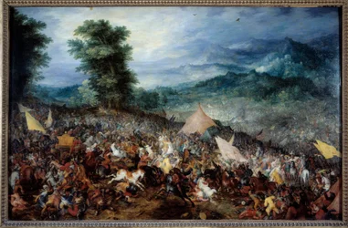 La batalla de Arbela (o Issos) Alejandro Magno (356-323 a.C.) y su ejército durante la batalla de Issos, donde el rey macedonio derrotó a Darío III en 333 a.C.