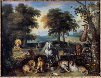 El paraíso terrenal. Diferentes animales cohabitan en el Jardín del Edén; abajo a la izquierda, Dios crea a Eva del costado de Adán. Pintura de Jan Bruegel (o Breugel o Brueghel o Breughel) el Viejo, conocido como Bruegel de Velours (1568-1625), siglo XVII