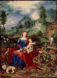 La Sagrada Familia con animales, la Virgen hojeando un libro y sosteniendo al niño Jesús, rodeada de un perro, zorro, pájaros, cangrejo, búho, loro; rana, caracol e iris. Pintura de Jan Breugel el Viejo llamado Bruegel de Terciopelo