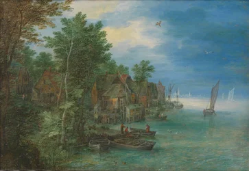 Vista de un pueblo a lo largo de un río