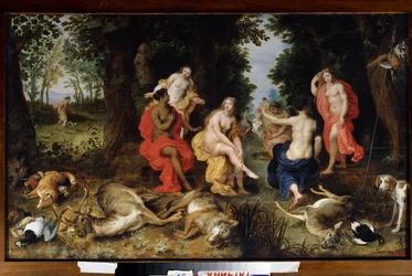 Descanso de Diana en la caza Los animales (lobo, ciervo, zorro) muertos por la diosa de la caza yacen en el suelo, mientras ella descansa rodeada de ninfas. Pintura de Jan Breugel el Viejo llamada Bruegel de Velours (Br
