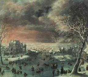 Un paisaje invernal con figuras en el hielo