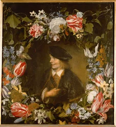 Retrato de un joven rodeado de flores (pintura sobre madera de roble)