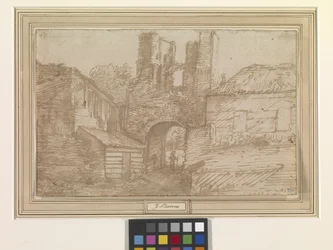 The Outer Gate Of The Ruins Of Brederode Castle (pluma y tinta marrón sobre papel verjurado blanco hueso)