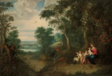 Un paisaje boscoso con la Virgen y el Niño, el infante San Juan Bautista y un ángel