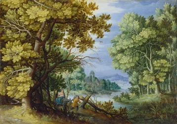 Paisaje forestal con huida a Egipto, c.1620 -50 (óleo sobre cobre)