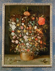 Naturaleza muerta:Un ramo de flores en un jarrón de madera (pintura sobre lienzo)
