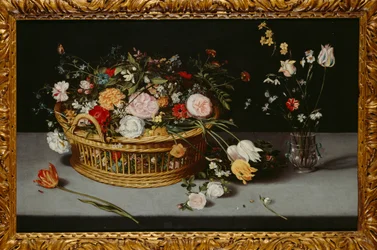 Naturaleza muerta con cesta y jarrón de flores (óleo sobre lienzo)