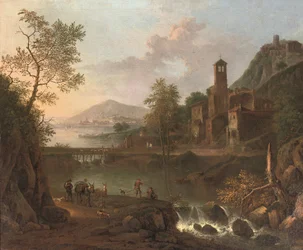 Paisaje fluvial a la italiana con un arriero y pescadores, más allá una ciudad en lo alto de una colina (óleo sobre lienzo)