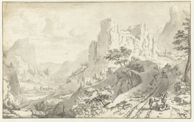 paisaje de montaña con viajeros en un camino
