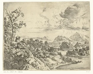 Paisaje de río con un hombre con un traje en la espalda. Paisajes del Rin (título de la serie)
