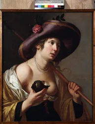 ""Retrato de Granida"" El personaje de Granida sosteniendo una concha que utiliza para beber el agua que le da el pastor Daifilo. Basado en la obra de teatro ""Granida"" de Pieter Corneliszoon Hooft. Pintura de Jan van Bylert (1598-1671) Colecciones Museo