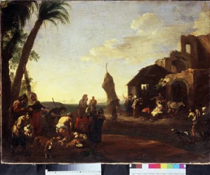 La adoración de Cristo. La Adoración del Niño Jesús. Pintura de Jan Miel (1599-1664), década de 1650. Óleo sobre lienzo. Arte flamenco, estilo barroco. Museo Pushkin de Bellas Artes, Moscú
