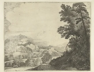 paisaje con ovejas en la colina y árboles Paisajes (título de la serie)