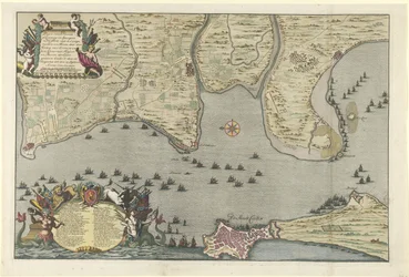 Mapa del Desembarco y Expedición Aliados en Cádiz, 1702 Plano del Dissante de Desembarco en Spangien para Cadix con los Campements y Marse hecho por el Duque de Ormont y el General Majoor y Baron de Spar Ceedert el 26 de Agosto a