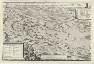 Batalla de la Bahía de Vigo y Captura de la Flota de Plata Española, 1702 Caarte vande Landingh en la Bahía de Vigos como parte de la captura de dos Casteels y la captura de la Flota de Plata española fondeando en el Baay para Redondella den