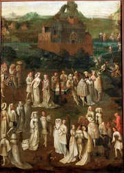 Sociedad cortesana delante de un castillo borgoñón (óleo sobre madera)