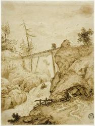 Hombre cruzando un puente de troncos sobre un torrente