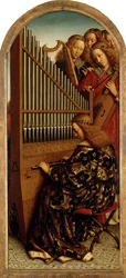 El retablo de Gante. Adoración del Cordero Místico: ángeles músicos, 1432.