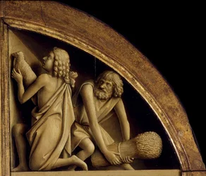 El Retablo de Gante. Adoración del Cordero Místico: El sacrificio de Caín y Abel, 1432