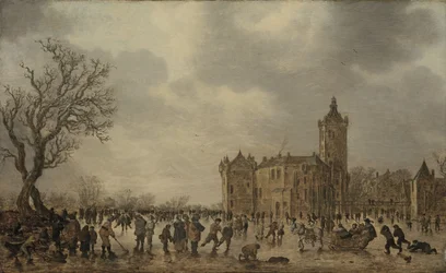 Un paisaje invernal con figuras desportándose sobre el hielo junto al castillo de Montfoort