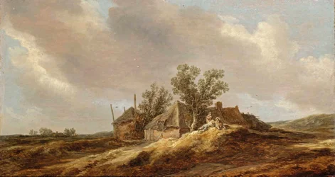 Un extenso paisaje de dunas con campesinos descansando frente a una granja