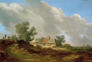 Paisaje de dunas con cabaña y figuras