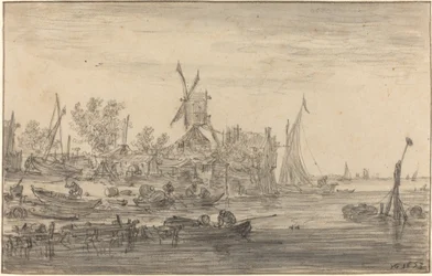Escena de la Orilla con Molino de Viento