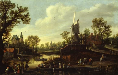 Alemán: Flusslandschaft mit Fähre Paisaje fluvial con transbordador