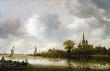 Paisaje fluvial con una iglesia a lo lejos