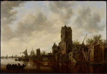Paisaje fluvial con la puerta Pellecussen cerca de Utrecht