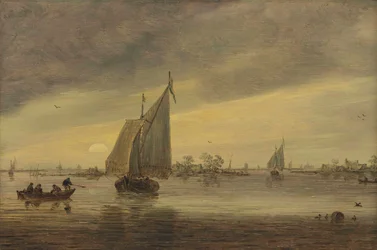 Amanecer sobre el Haarlemmermeer con un schmalship y otros barcos