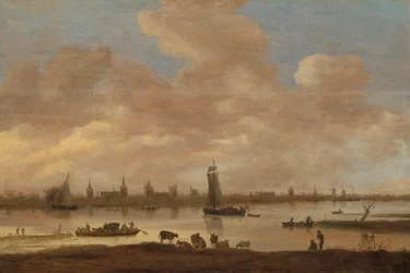 Vista de una ciudad imaginaria a través de un río, con la Torre de San Pol en Vianen